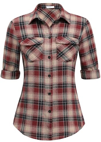 UNibelle Camicia da donna a quadretti, camicetta tradizionale, a maniche lunghe, per Oktoberfest, stile Holzfäller, con scollo a V, casual, L