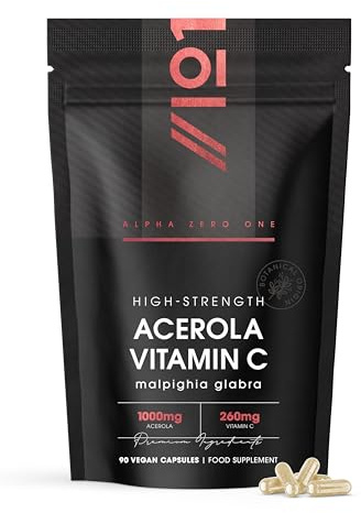 Acerola Vitamin C 1000mg – 26% Natural Vitamin C (260mg) – 90 Vegan Capsules – High Strength Acerola Cherry Extract Supplement – Resealable and Recyclable Pouch by Alpha01