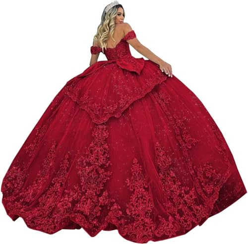 Fuomomo Quinceanera tyll klänningar, glänsande spets applique balklänning, quinceanera klänningar, prinsessklänning med bar axel och flygning MT038, Vinröd, 34