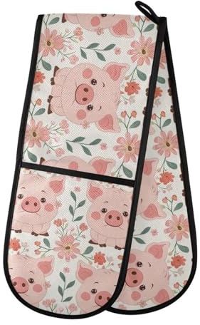 Oven Gloves Double Oven Gloves Pink Pig Flower Oven Mitts Pot Holder Heat Resistant Quilted for BBQ Baking Kitchen Cooking Gloves