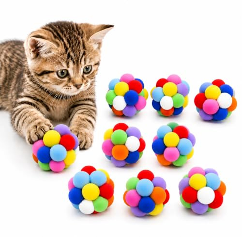 Vebetter 9 Katzenbälle 4,5 cm, weiche Plüschbälle, buntes Katzenspielzeug