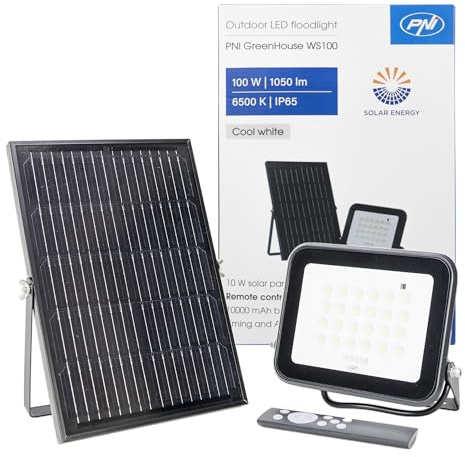 PNI GreenHouse WS50 Réflecteur LED 50 W avec panneau solaire, batterie 6000 mAh, télécommande, minuterie et luminosité réglables, 6500 K, IP65, Noir