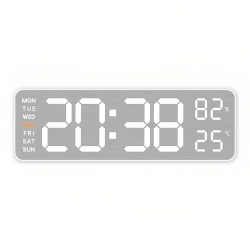 Lancoon Reloj Electrónico LED de Pared con 3 Niveles de Ajuste de Brillo Auto Dimmer Metal Cepillado Temperatura Humedad Fecha Semana Doble Alarma para Decoración Sala de Estar Oficina