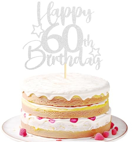 Sotpot 1 Pack 60th Birthday Cake Topper Double-sided Silver Glitter Cake Topper with Star Pattern Cake Decoration for Happy 60th Birthday Party Cake Decorations