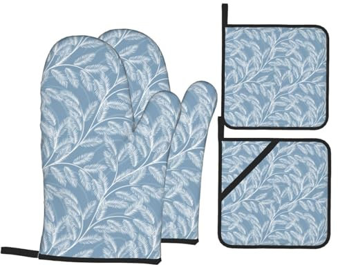 Ofenhandschuhe Topflappen 4Er Set Aquarell Winter Blätter Weiß Blau Ofenhandschuhe Kitchen Mit Innere Baumwollschicht Kochhandschuhe, Für Backen, BBQ, Cafe
