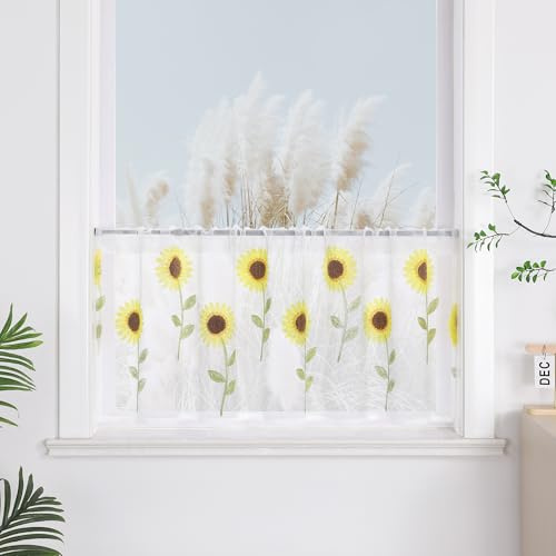 Yujiao Mao Rideau Cuisine Transparent à Motif Floral Tournesol Style Champêtre Brise-Bise Court pour Cuisine, Salle à Manger, Salon, Fenêtre Petite Taille, Décoration Intérieure Blanc HxL 60x120cm