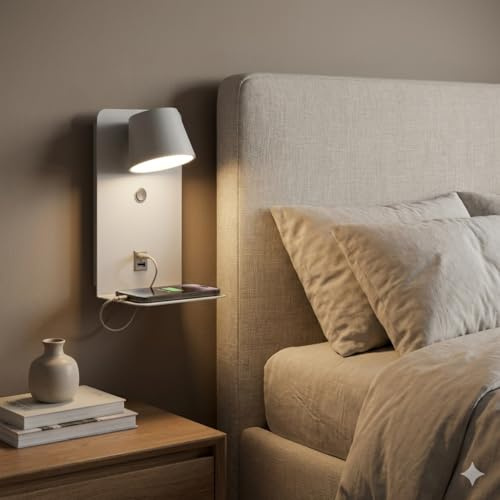 BARCELONA LED Applique Murale LED Gris USB Rechargeable avec Tête Orientable 350°, Étagère Intégrée pour Téléphone, Lumière Chaude 6W, Idéal Chambre, Café, Hall, Style Moderne et Industriel