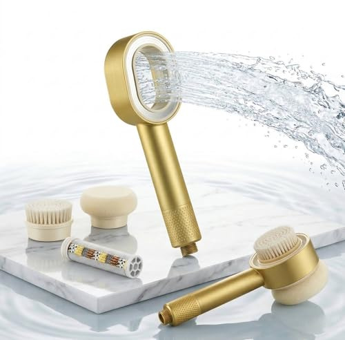 Julymoda Pommeau de douche 3 en 1 avec filtre - Douchette à main 3 en 1 avec brosse de nettoyage/éponge - Massage haute pression - Économie d'eau - Pour eau dure - Doré