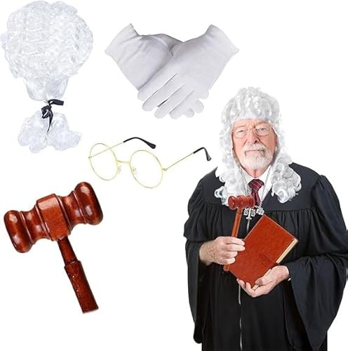 RJFUJP 4 Pcs Judge Costume Accessories, with Wigs Glasses Wooden Hammer Gloves, Court Lawyers for Theme Parties Role-Playing Halloween Carnivals Court Lawyers' Wigs Clothing Accessories
