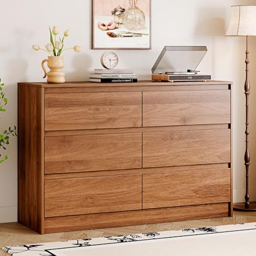 Chrangmay 6 Drawer Dresser,47.24 Wide Mid Century Chest of Drawers,Wooden Bedroom Drawer Dresser with 6 Storage Drawers for Bedroom,Living Room,with Anti-Tipping Device,Russet