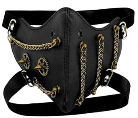 TINAYAUE Halloween Punk Maske Gothic Halbmaske Exquisite PU Ledermaske mit Kette Steampunk Maske mit Zahnrädern für Halloween, Karneval, Kostümparty, Themenparty, Cosplay