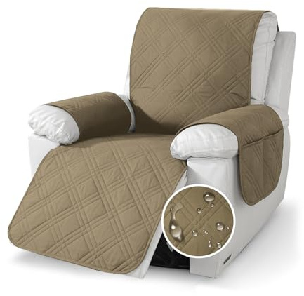 YushengTai Copripoltrona Relax Reclinabile, 100% Impermeabile, Anti-slip Copripoltrona 1 Posto, Copri Poltrona con Braccioli con 4 Tasche, 2 Cinghie Regolabili (Caffè Leggero)
