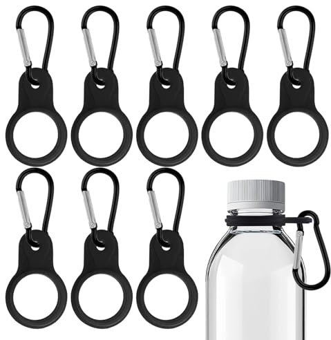 Grosion 8 PCS Black Silicone Water Bottle Clip,Portable Water Bottle Buckle Clips,Water Bottles Lanyard with Carabiner,Bottles Holder for Camping Hiking Cycling