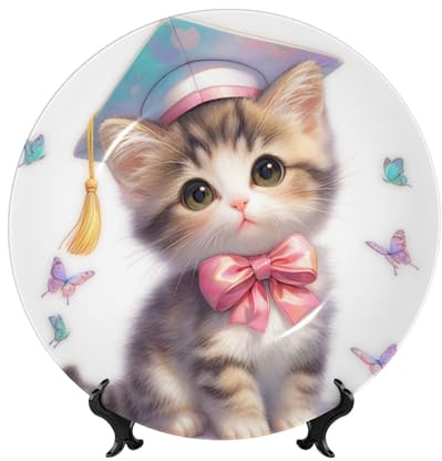 Piatti decorativi in porcellana Bone China con supporto, simpatico gattino cappello da laurea piatto rotondo da esposizione per cucina, sala da pranzo, armadietto del vino, decorazione per la casa, 20