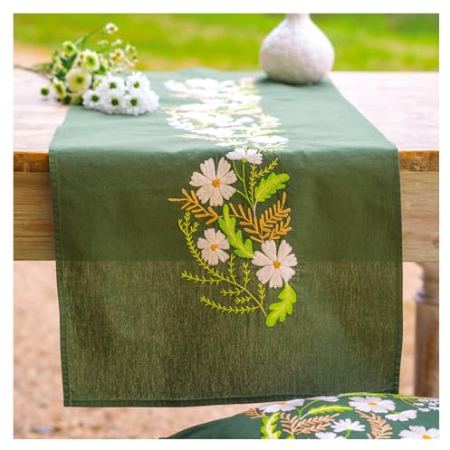 Tischläufer Plattstich Stickpackung Weiße Blumen, Stickbild gedruckt, 35x95cm