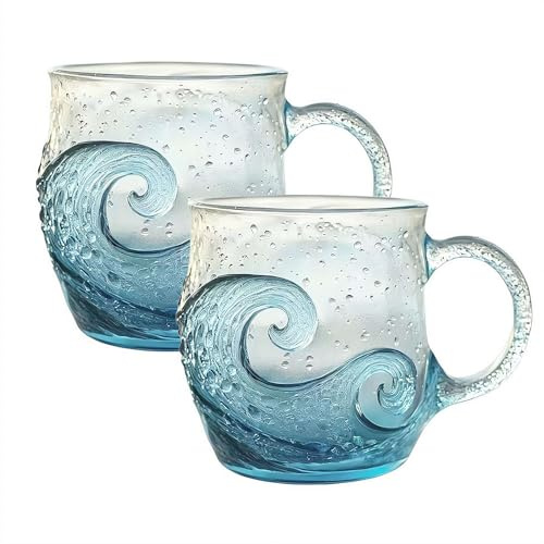 ocean wave sea glass mug,Ocean Inspired Glass Coffee Cup with Crashing Wave Design, for Hot & Cold Drinks, Unique Beach Gift for Coastal Home & Office Decor