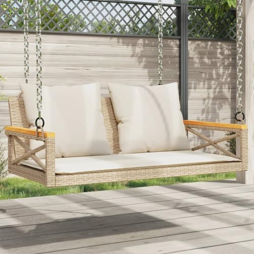 Bucmath Hängebank mit Kissen Beige, 109x62x40 cm, Poly Rattan UV-beständig, Outdoor Schaukelbank für Garten und Terrasse, max. 110 kg Belastbarkeit