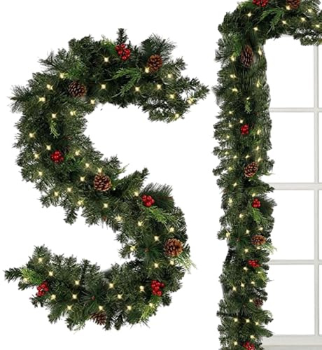 Weihnachtsgirlande-Dekorationen | Vorbeleuchtete Weihnachtsgirlande, rote Beerengirlande, batteriebetrieben mit 5,9 Fuß Dicke, 2 Beleuchtungsmodi, mit dekorativen Lichtern