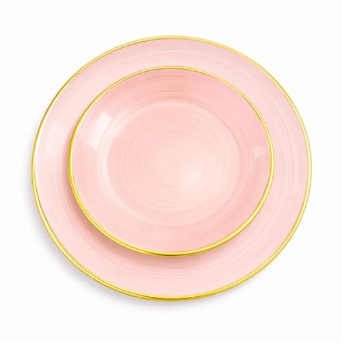 Assiettes Capri Luxes Réutilisables, Couleur au Choix avec Bordure Dorée, 12 Pièces, Grande 25.5cm - Petite 18cm, Plastique PVC Brillant, Lavable au Lave-vaisselle, Décoration Mariage (Rose)