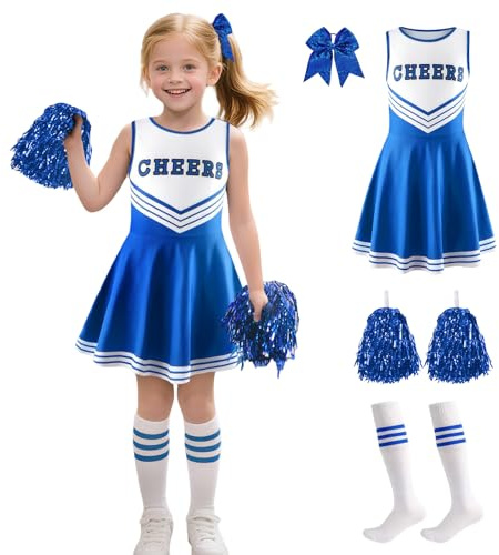 Lyxaof Kinder Cheerleader Kostüm für Mädchen mit Pompons und Kniestrümpfen | Polyester-Set, Rundhalsausschnitt, Gestreiftes Design, Für Halloween, Karneval und Bühnenauftritte