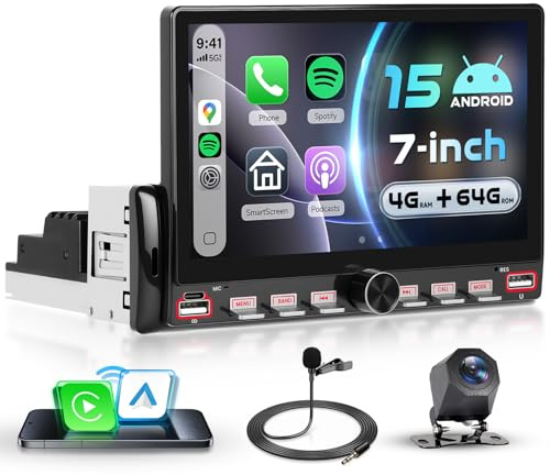 VECHTEL Tasti di Pianoforte 1 Din Autoradio 7'' IPS HD Schermo Tattile, 4G+64G Android 15 Carplay Android Auto Senza Fili, GPS Navigazione Bluetooth EQ FM/RDS, Wi-Fi Mirror Link USB/Type-C Telecamera