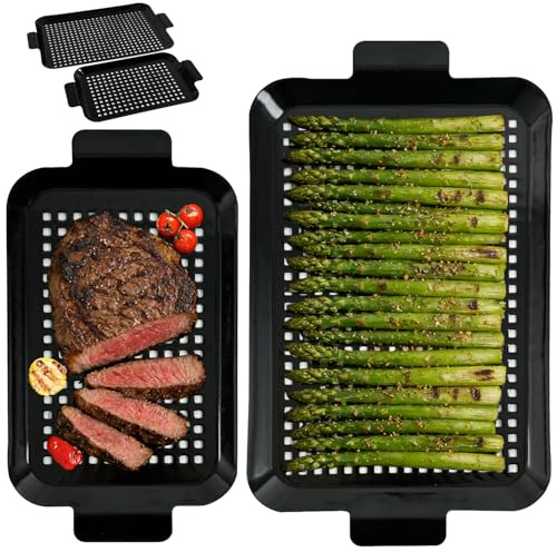 2 Stück Grillschale, aus Edelstahl, zartes Grillgut wie Fisch oder empfindliches Fleisch, Grillzubehör,Grillschalen für Gasgrill Zubehör, Gelochte Grillpfanne