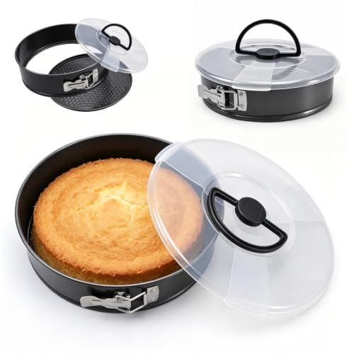 Umllpet Molde redondo con tapa, 28 cm, molde redondo de acero al carbono, molde redondo con tapa con mango antiadherente, molde redondo con base plana para hornear pasteles y tartas