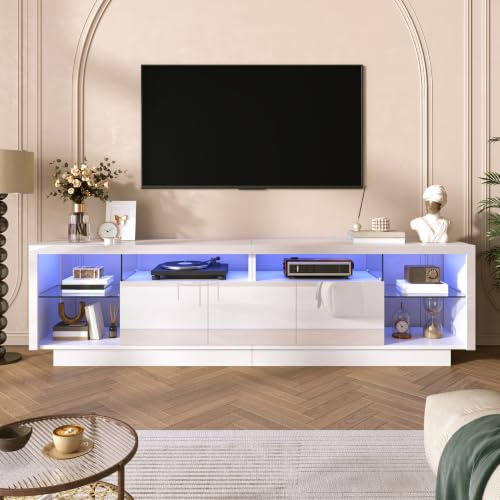 Meuble TV 200 cm Longueur - Banc TV Blanc Laqué Brillant avec Éclairage LED Piloté par App, Meuble de Salon Moderne avec 3 Portes et Étagères en Verre, Rangement Multimédia pour Grand Écran