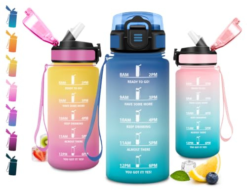 JAPORIA Botella 500ml, Botella Agua con Pajita, Cantimplora con Marcador de Tiempo, Reutilizable, sin BPA, a Prueba de Fugas, Cantimplora para Escuela, Oficina, Deporte