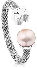 TOUS Anillo de Plata de Primera Ley para Mujer con Motivo de Oso y Perla de 0,6 cm y Talla 13, Anillo Abierto y Versátil, Colección Icon Mesh