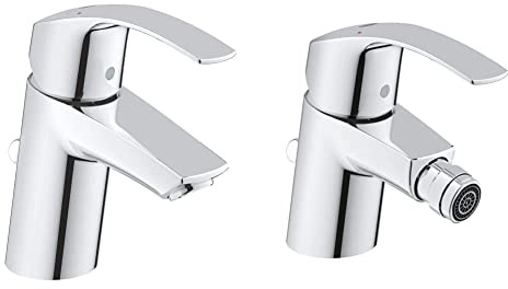 GROHE Eurosmart Single-Lever Basin tap with pop-up Waste, Plug, one Handle Basin Mixer tap, Bathroom, Regular spout, Water-Saving, Easy to Clean + Eurosmart Bidet Tap