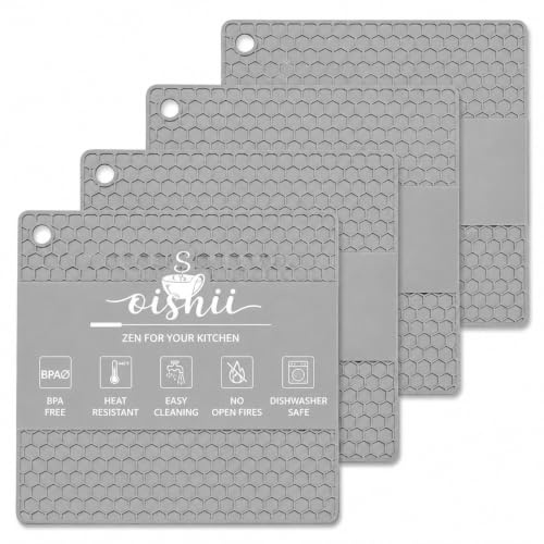 O-ishii 4er Set Topf Untersetzer aus Silikon - Viereckige Topflappen Hitzebeständig bis zu 230°C (Grau) | Untersetzer, Viereckig, rutschhemmend, formstabil, spülmaschinengeeignet, für Töpfe, Pfannen, Auflaufformen, Teekannen
