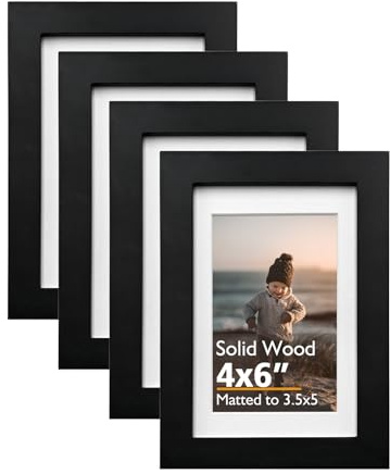 KINLINK 4x6 Frame Black, Solid Wood 4 x 6 Picture Frame with Acrylic Plexiglass for 3.5x5 with Mat, Tabletop and Wall Display Photo Frames 4x6 Black, 4 Pack