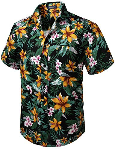 HISDERN Hombre Funky Hawaiana Floral Shirts Manga Corta Bolsillo Delantero Holiday Summer Aloha Printed Beach Casual Negro Naranja Hawaii Flower Shirt