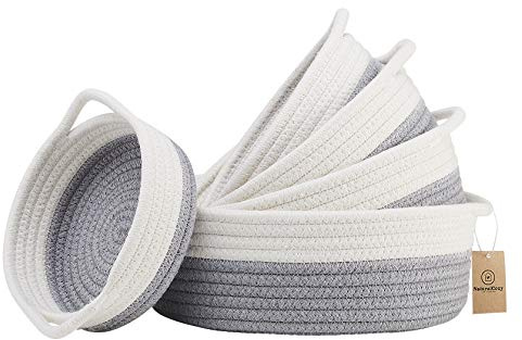 NaturalCozy Set di 5 cestini rotondi piccoli, in corda di cotone intrecciata per l'organizzazione! Cesto portaoggetti per giocattoli Montessori, frutta, telecomandi, bagno, scrivania, vassoio