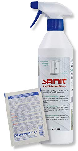 DEWEPRO-Set: SANIT AcrylSchaumPflege (3040) - Flasche à 750ml - ideales Reinigungs- und Pflegemittel für Bade- und Duschwannen, inkl. 1 St. DEWEPRO Single Scrubs