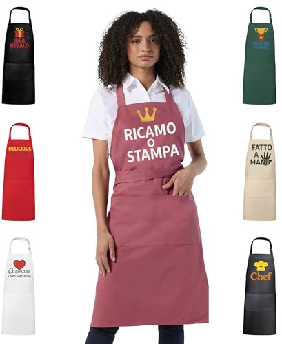 Grembiule Personalizzato con Nome o Logo, Stampa o Ricamo, Grembiule da Cucina Unisex per Chef, Cuoco, Barista, Cameriere, Ristorante e Pizzeria