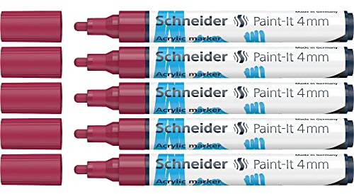 Schneider Paint-It 120261 - Pennarelli acrilici con punta rotonda da 4 mm, colori acrilici ad alta copertura per legno, tela, pietra, ecc., confezione da 5 pezzi, colore: bordeaux
