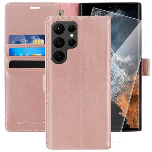 MONASAY für Handyhülle Samsung Galaxy S22 Ultra 5G 6.8 Zoll Hülle,[Schutzfolie][Kartenfach][Standfunktion][Magnet],Stoßfeste Schutzhülle,Premium Leder Flip Case, Rosagold
