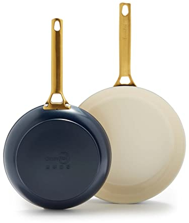 GreenPan Hard Anodized Healthy Ceramic Nonstick 10 and 12 Frying Pan Skillet Set, Gold Handle, PFAS-Free, Dishwasher Safe, Oven Safe, Twilight Blue