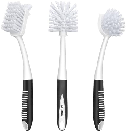 SetSail Dish Brush Set of 3 with Bottle Brush, Dish Scrub Brush with Long Handle Deep Cleaning Handle Brush with Scraper Tip for Kitchen Sink Dishes Bottle Cup Pot and Pans Tile Lines, Black