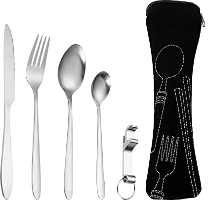Juego de Cubiertos Acero Inoxidable para Llevar al Trabajo, Camping, Funda de Viaje Tenedores Cuchara Cuchillos Abrebotellas 5 en 1