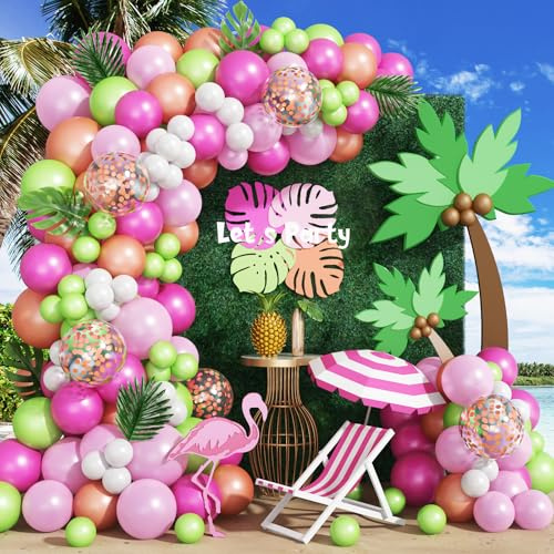 Luftballons Girlande Tropic Hawaii Party Luftballons Girlande Kit mit Palmen Blätter Heiß Rosa Hellgrün Roségold Geburtstag Dekoration für Frauen Sommer Strand Tropische Flamingo Babyparty Hochzeit