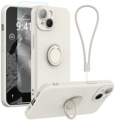 pcgaga Silicone Phone Case for iPhone 14 with Screen Protector [Ring Holder Stand] [Wrist Strap] [Microfiber Lining] Slim Shockproof Protective Cover, 6.1 Inch, White