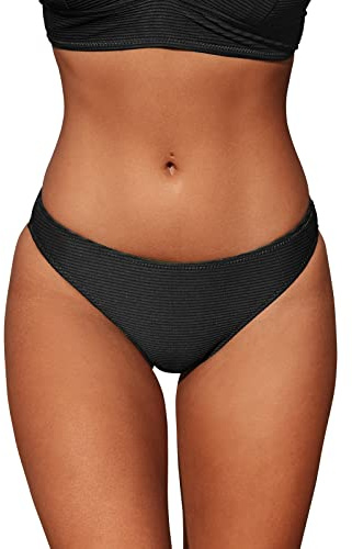 CUPSHE Damen Bikinihose Low Waist Brazilian Style Gerippte Badehose Hipster Unifarben Cheeky Bikini Slip Schwarz L