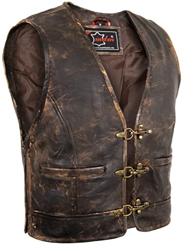 MDM herrar vintage läderväst/kåpa av äkta läder, Vintage brun, XXL