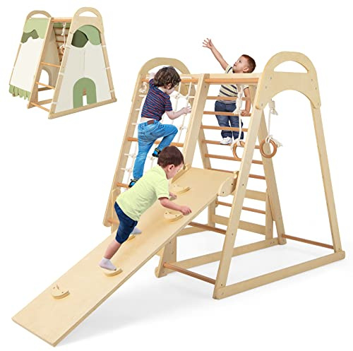 Costzon Indoor Jungle Gym, 7-in-1 Montessori Climbing Toys for Toddlers with Slide, Climbing Net, Gymnastic Rings, Indoor Wooden Playground Climber Playset for Kids 3+ Years Birthday