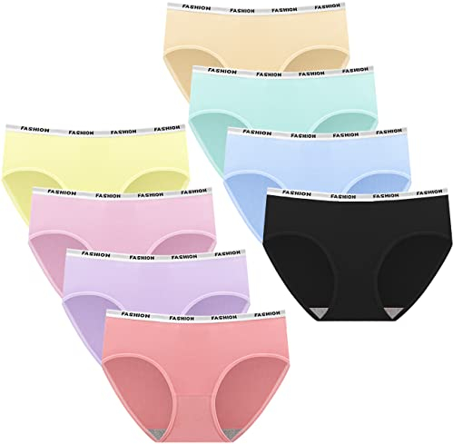 Sunvivid Teen Girls Knickers Soft Fast Dry Underwears Mid Waist Briefs Hipster Comfortable Panties Underpants for Age 13-15 Girls and Slim Women - Pack of 8