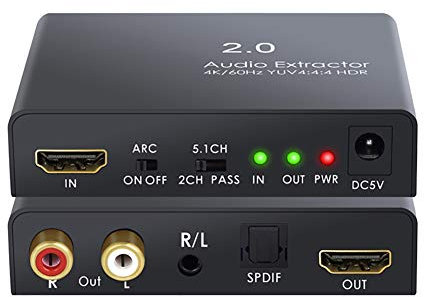 Decoder audio, splitter audio HDMI 2.0, estrattore audio, supporto 4K 60Hz YUV 4:4:4 HDR Adattatore convertitore audio SPDIF ottico compatibile con HDMI I