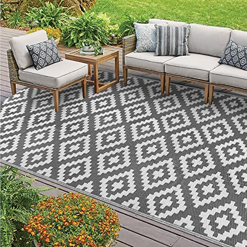 JYHCD Alfombra Exterior Reversible de Plastico en Gris + Blanco - Manta de Picnic, Terraza Impermeable para Playa, Camping, Balcón - 270x360cm/9x12ft